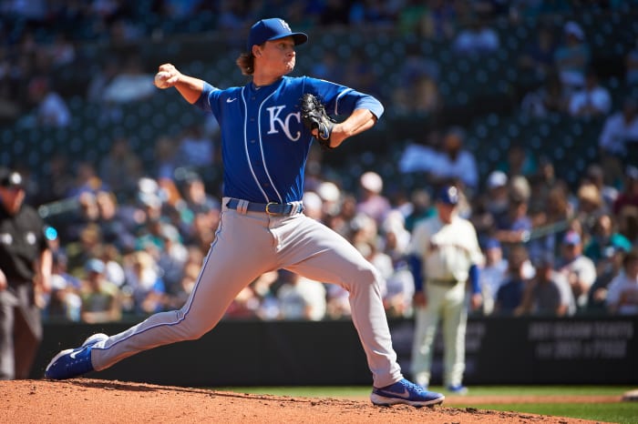 Aug 29, 2021; Seattle, Washington, USA; Kansas City Royals starting pitcher Brady Singer (51) throws the ball during the third inning against the Seattle Mariners at T-Mobile Park. Mandatory Credit: Troy Wayrynen-USA TODAY Sports